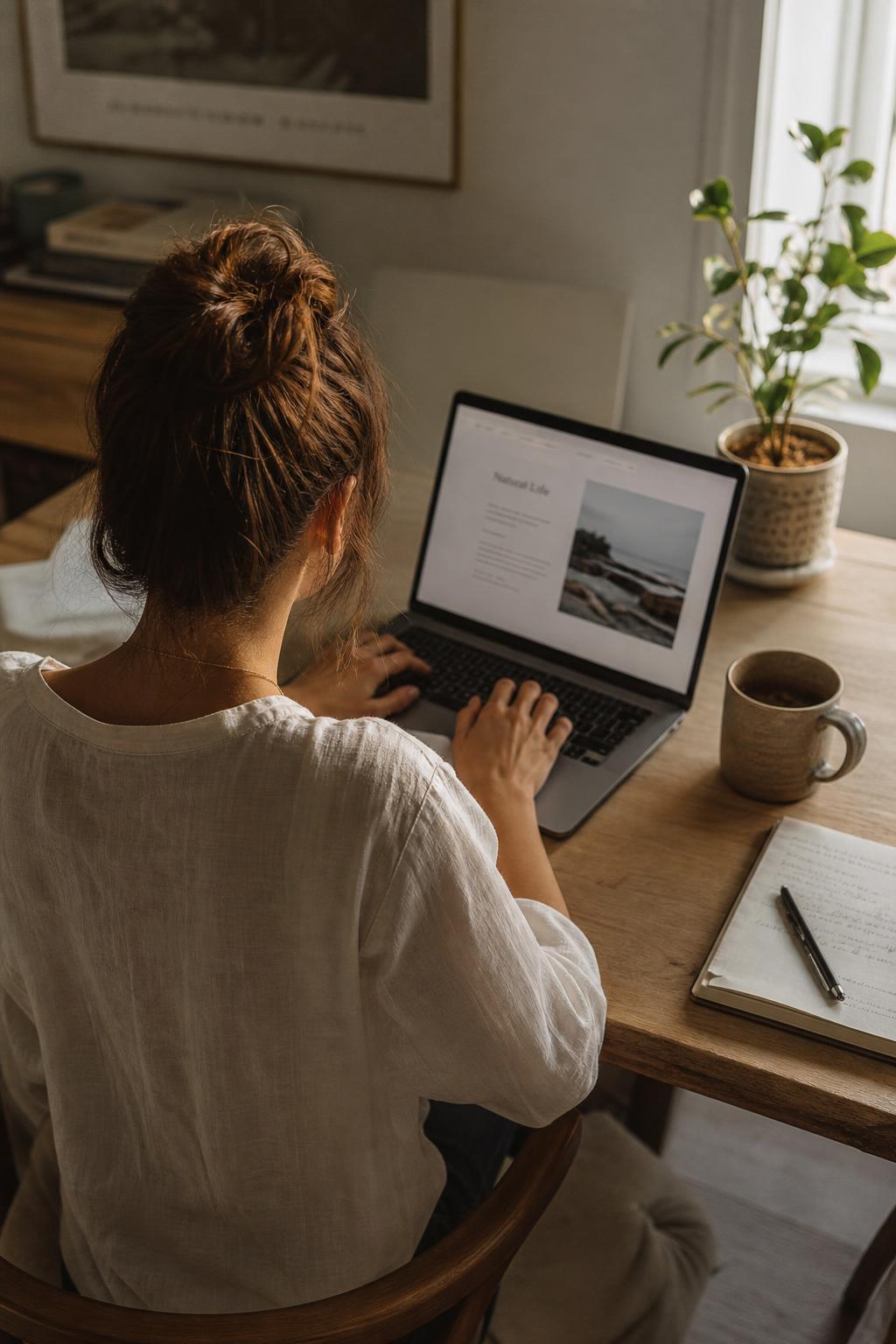 Woman working at a laptop in warm natural light — hands and workspace, face not shown